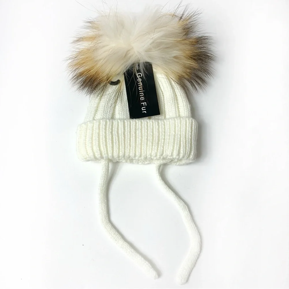 Cream Acrylic Pom Pom Beanie Kids size XS